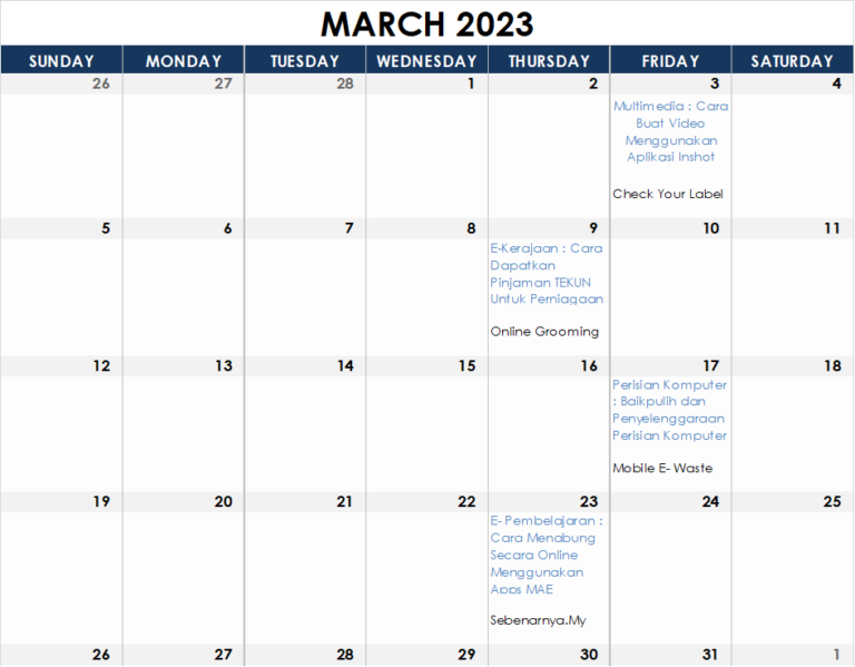 Jadual Aktiviti March