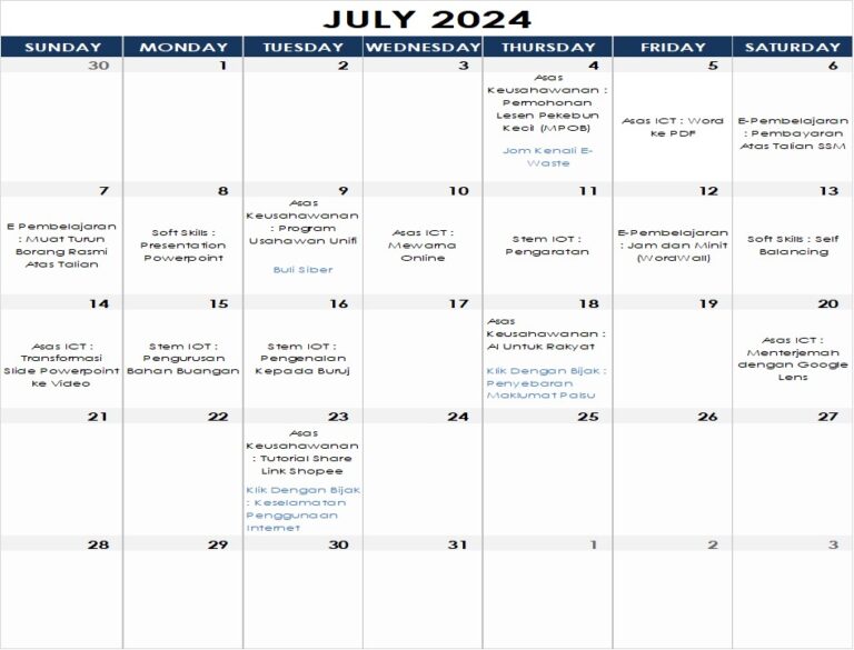 Jadual Aktiviti Julai 2024